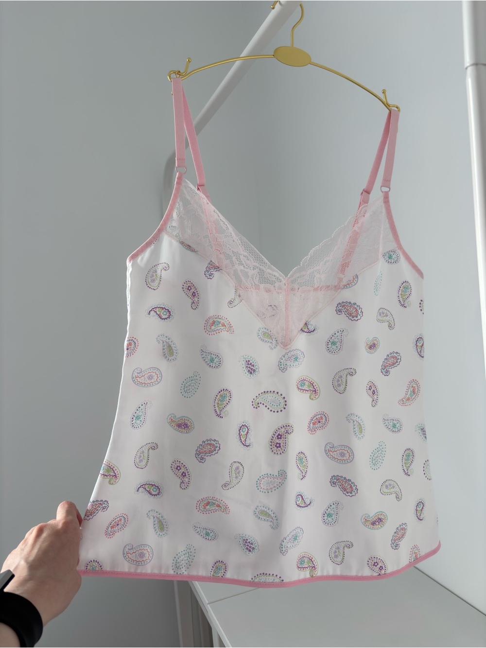 Pastel Paisley Lace-Trim Slip Cami in Pink